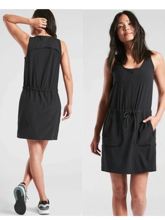 Athleta Dresses & Skirts - Athleta Expedition Black Sleeveless Zip-Front Drawstring Dress